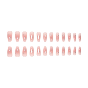 Pink gradient coffin press-on nails with silver star patterns, 24-piece full set