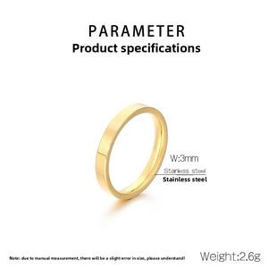 Detail view of 3mm wide gold stainless steel ring band with 2.6g weight specification