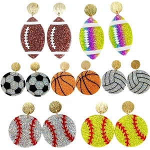 Sports Ball Dangle Earrings For Women Glittery Acrylic Sequin Basketball Football Baseball Soccer Game Day Novelty Jewelry