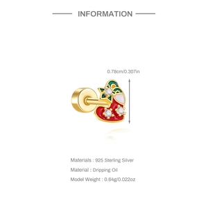 Detailed view of S925 silver Christmas stocking stud earring with color drip oil and crystal
