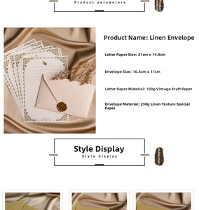 Detailed view of linen textured envelope and kraft paper stationery on champagne satin