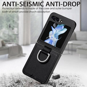 Detail of black leather texture phone case with metal ring kickstand for Z Flip series