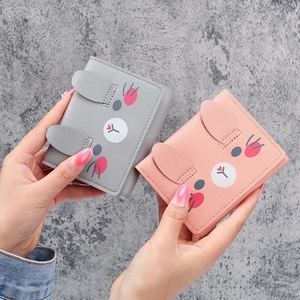 Cute Cartoon Rabbit Ears Short Wallet Women PU Leather Folded Purse Sweet Student Card Holder Snap Closure