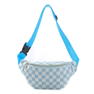 Close-up of blue checkerboard woven waist bag with adjustable strap and plastic buckle