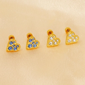 18K gold plated stainless steel heart stud earrings with blue and clear rhinestones