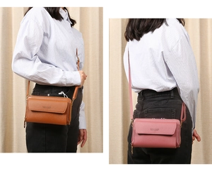 Detail view of brown and pink crossbody phone bags with adjustable shoulder straps