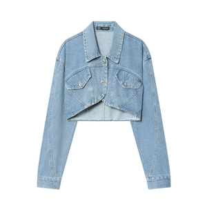 Kurze Denim Jacke Cropped Langarm Baumwollmischung Geknöpft Umlegekragen Lässig Verwaschen Blau Damen Oberbekleidung