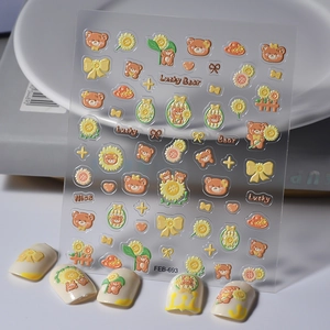 5D embossed nail art stickers featuring brown lucky bears and sunflower designs