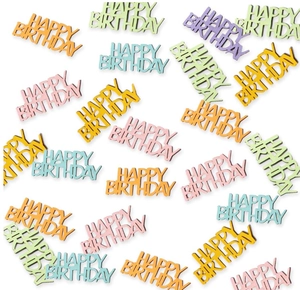 Macro shot of colorful Happy Birthday macaron wooden confetti pieces on white background