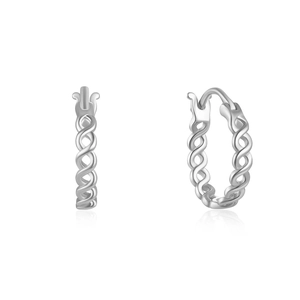 Detail of S925 sterling silver infinity twist hoop earrings with textured finish