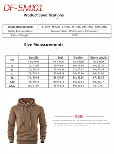 Tableau des tailles du sweat à capuche décontracté avec mesures en CM/INCH et détails tissu