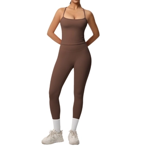 Women's brown two-piece yoga set with double-sided brushed fabric and slim fit design