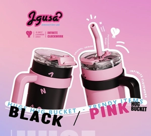 Detail view of 40oz insulated black and pink tumblers with sturdy handles and straws