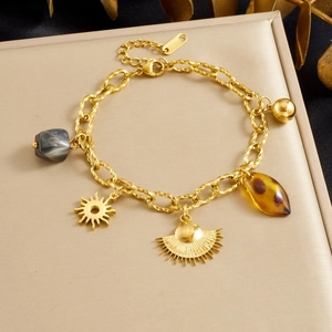 Bracciale A Catena Grossa In Acciaio Inossidabile Placcato Oro Retrò Con Ciondoli A Sole E Ventaglio Per Donna