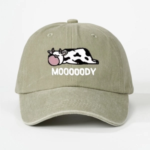 Vintage olive green washed cotton baseball cap with cartoon cow and MOOOOOODY print