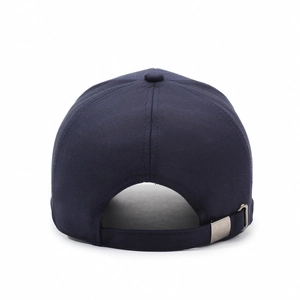 Navy blue men's baseball cap with adjustable metal buckle back view on white background