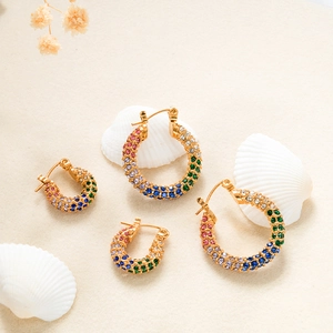 Stainless Steel Hoop Earrings With 18K Gold Plating And Colorful Pave Rhinestones Round Jewelry For Women