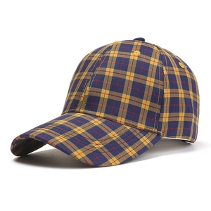 Classic British plaid baseball cap in navy blue and yellow cotton twill fabric