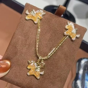 Unicorn Horse Pendant Double Layer Necklace And Earrings With Silver Earring Post Copper Gold Zircon Jewelry For Women