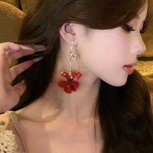 Elegant floral drop earrings with red flower petals and long golden hooks for women