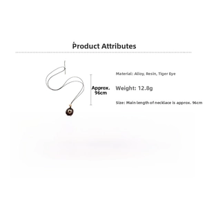 Detail of 96cm long resin tiger eye pendant necklace with technical specifications