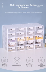 Front view of 20-drawer desktop organizer with white frame and clear plastic bins