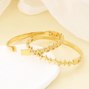 Luxurious 18K gold plated stainless steel geometric open bangles with sparkling zircon accents