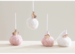 Lot de quatre anges en peluche avec pompons roses et blancs et rubans de suspension