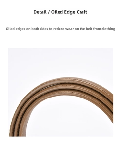Detail view of smooth burnished edges on brown leather belt to reduce friction wear