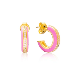 Gold-plated C-shaped earrings with pink enamel and sparkling white zircon stones