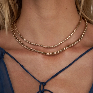 Close-up of 18K gold-plated double-layer twisted rope necklace on a female model