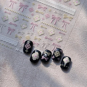 Japanese style 3D bow nail stickers M-908 with embossed patterns on black nails