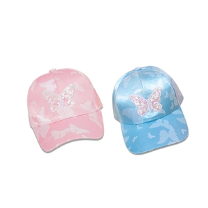 Kids sequin butterfly baseball caps in pink and blue colors with shiny satin finish