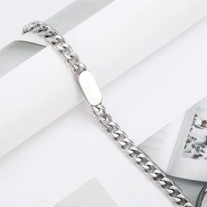 Polished silver titanium steel Cuban link bracelet with rectangle ID tag for men