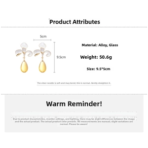 Detail specifications of floral drop earrings with white enamel flowers and glass pendants