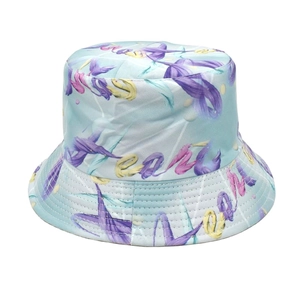 Close-up of lightweight bucket hat fabric with light blue and purple artistic printing
