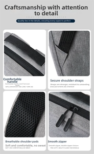 Detail showing reinforced handle, mesh shoulder straps, and durable zippers on a gray backpack