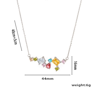 Colorful zircon necklace in silver finish with multi-shape stones and size annotations