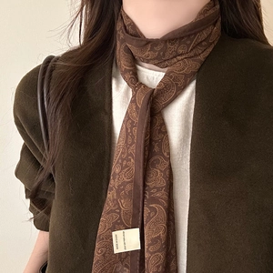 Brown paisley silk scarf necklace with vintage ethnic patterns for elegant women's styling