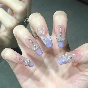 Long Press On Nails Gradient Taro Purple Butterfly Rhinestone Artificial Pearl Glitter Sparkling Elegant Artificial False Nails
