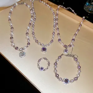 Pendant Necklace Square Purple Zircon Beaded Faux Artificial Pearl Copper Retro Elegant Jewelry For Women