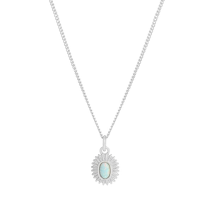 Minimalist S925 silver necklace with oval opal pendant in sunburst setting on white background