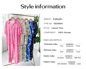 Detailed chart showing 100% viscose printed pajama sets with size and fabric information