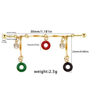 Golden chain drop cartilage earring with colorful enamel rings and white crystals