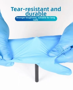 Durable blue nitrile gloves being stretched to show tear resistance and high elasticity