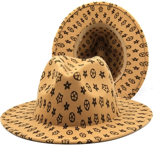 Wide Brim Fedora Hat Retro Monogram Pattern Cotton Felt Jazz Hat For Men And Women Stylish Outdoor Sun Shade Cap