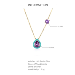 Detailed specs of S925 silver necklace with teardrop enamel and purple zircon pendant