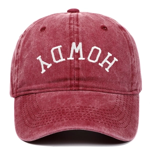 Washed burgundy cotton baseball cap with white embroidered Howdy mirror text