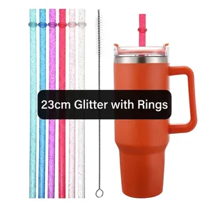 Bicchiere termico arancione con cannucce glitterate da 23cm e spazzola di pulizia
