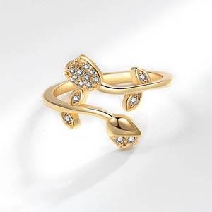 Elegant French-style gold tulip open ring with sparkling cubic zirconia flower details